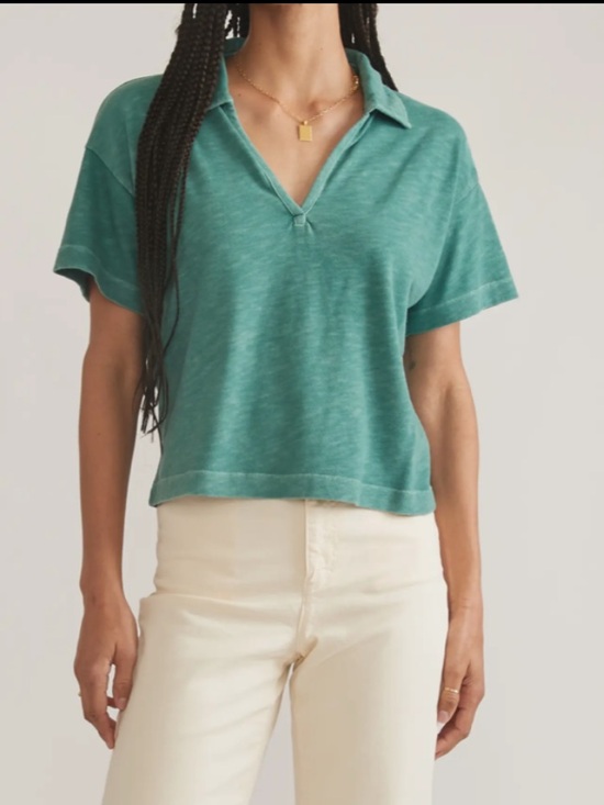 Marine Layer Tops - Marine Layer Women’s V-Neck Short Sleeve Polo Tee 100% Cotton Size L Green